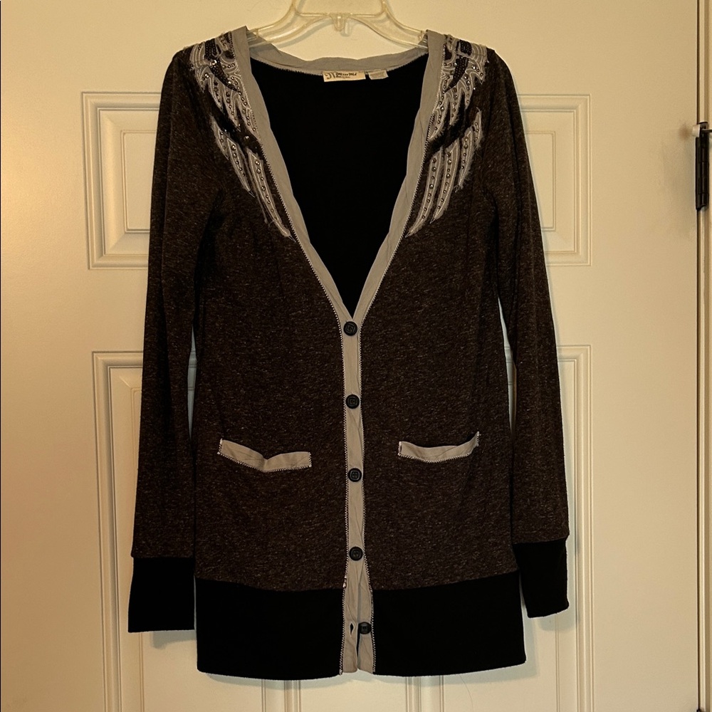 Miss Me Gray Button Down Studded Sweater Cardigan Sz M